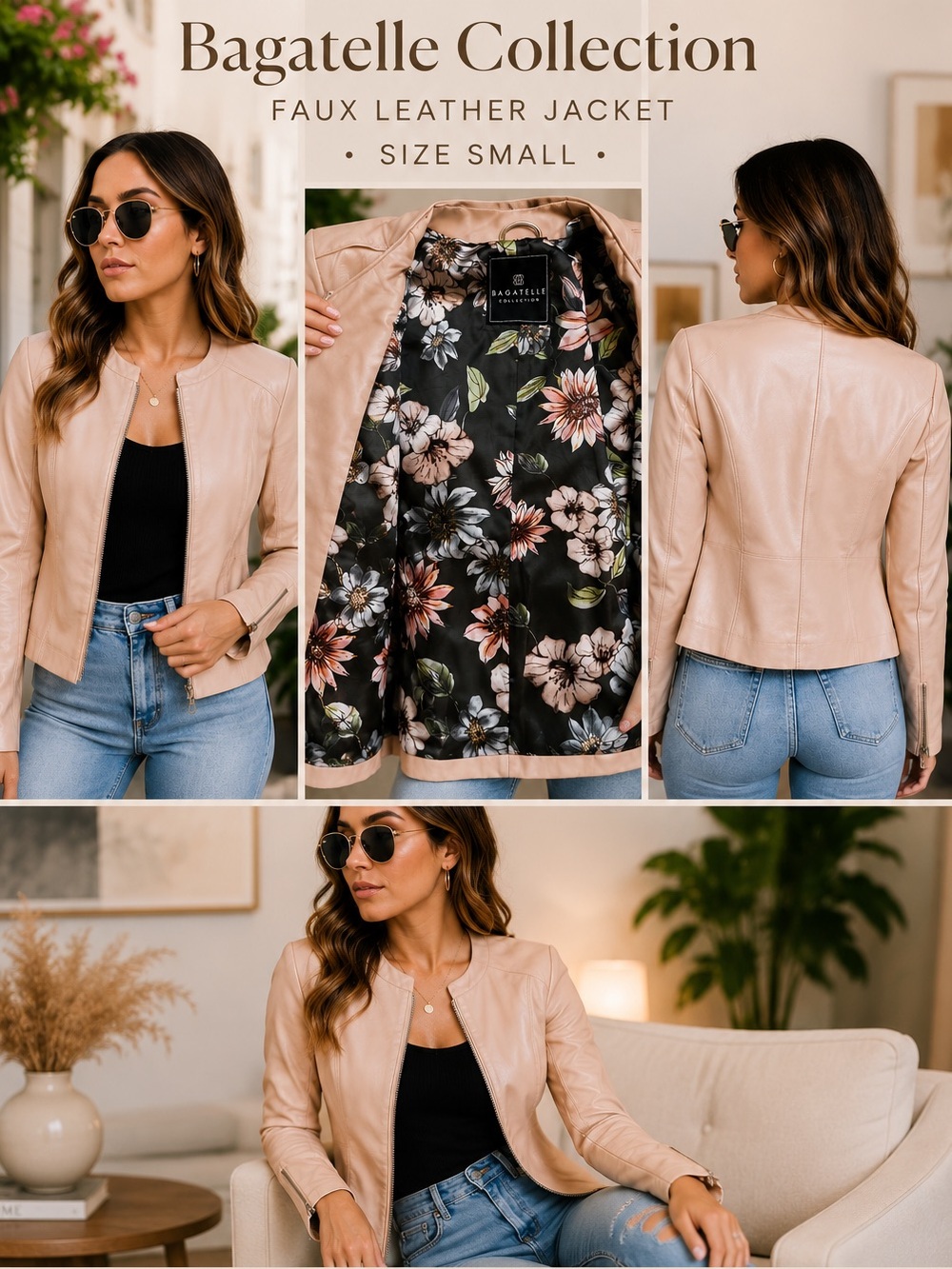 Bagatelle Collection Blush Faux Leather Zip Jacket Floral Lined Size Small